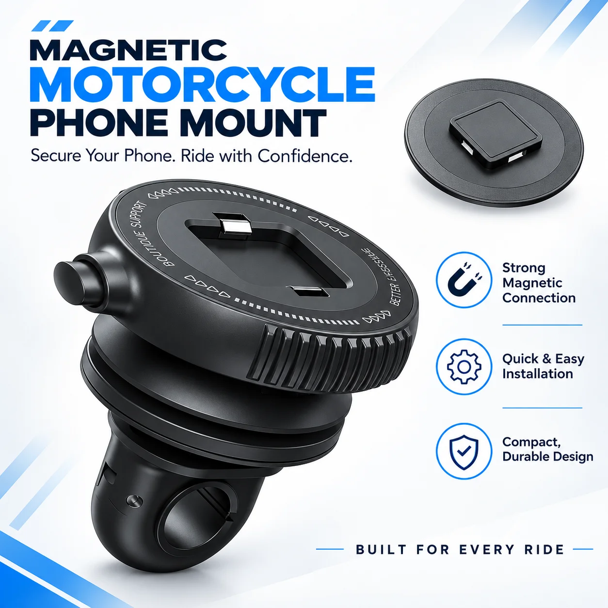Magnetic Motorcycle Phone Mount Anti-Shake Mirror Quick Release 360° for Motorbike Scooter, Case Adapter iPhone/Samsung