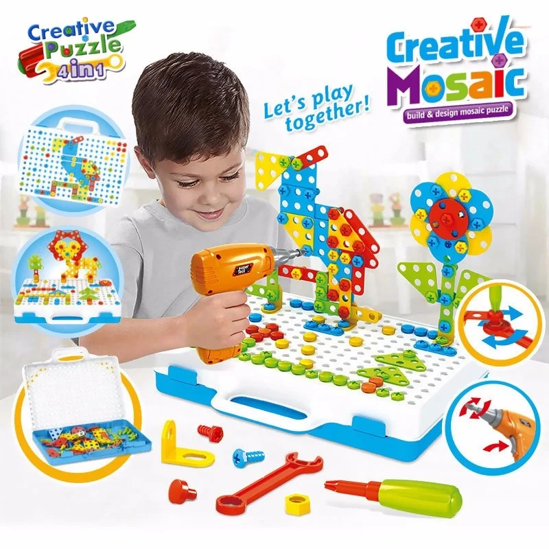 Mosaic Drilling Creative Screw Puzzle 3D Toys For Children Building Bricks Toys Kids DIY Electric Drill Set Boys Educational Toy