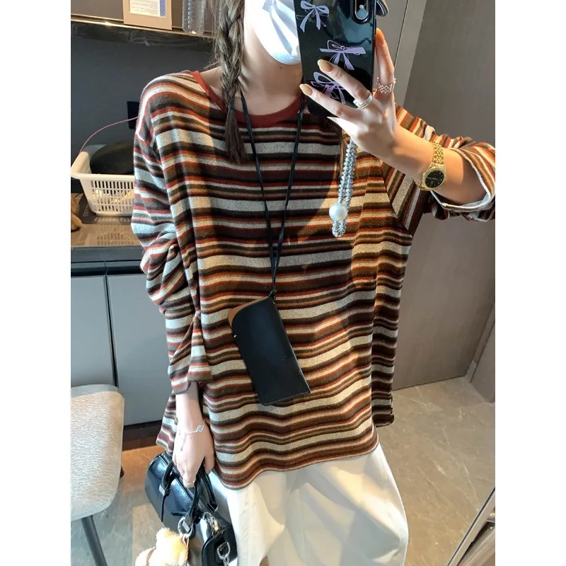 2025 Lazy Atmosphere Retro Striped Crew Neck Loose Long Sleeve T-Shirt Bottom Shirt American