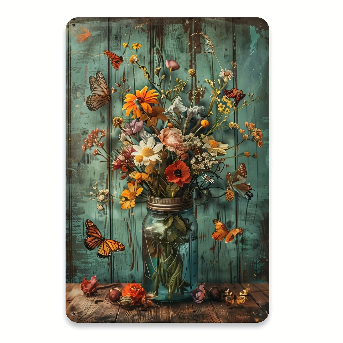 1pc Vintage Rustic Metal Tin Sign, Creative Bouquet Mason Jar Wall Art, 8x12 Inch Aluminium Foil Carved, Ideal for Home, Cafe, G