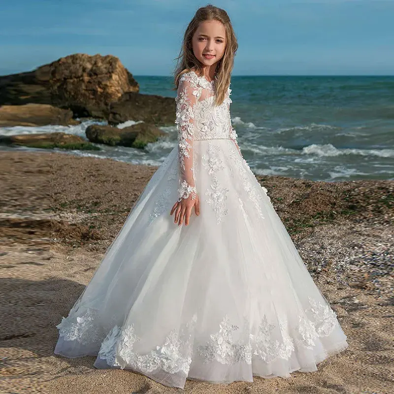 

Princess White Lace Flower Girls Dress For Wedding Beach Long Sleeve Made Girls Formal Holly Communion Dress Party Party Dress