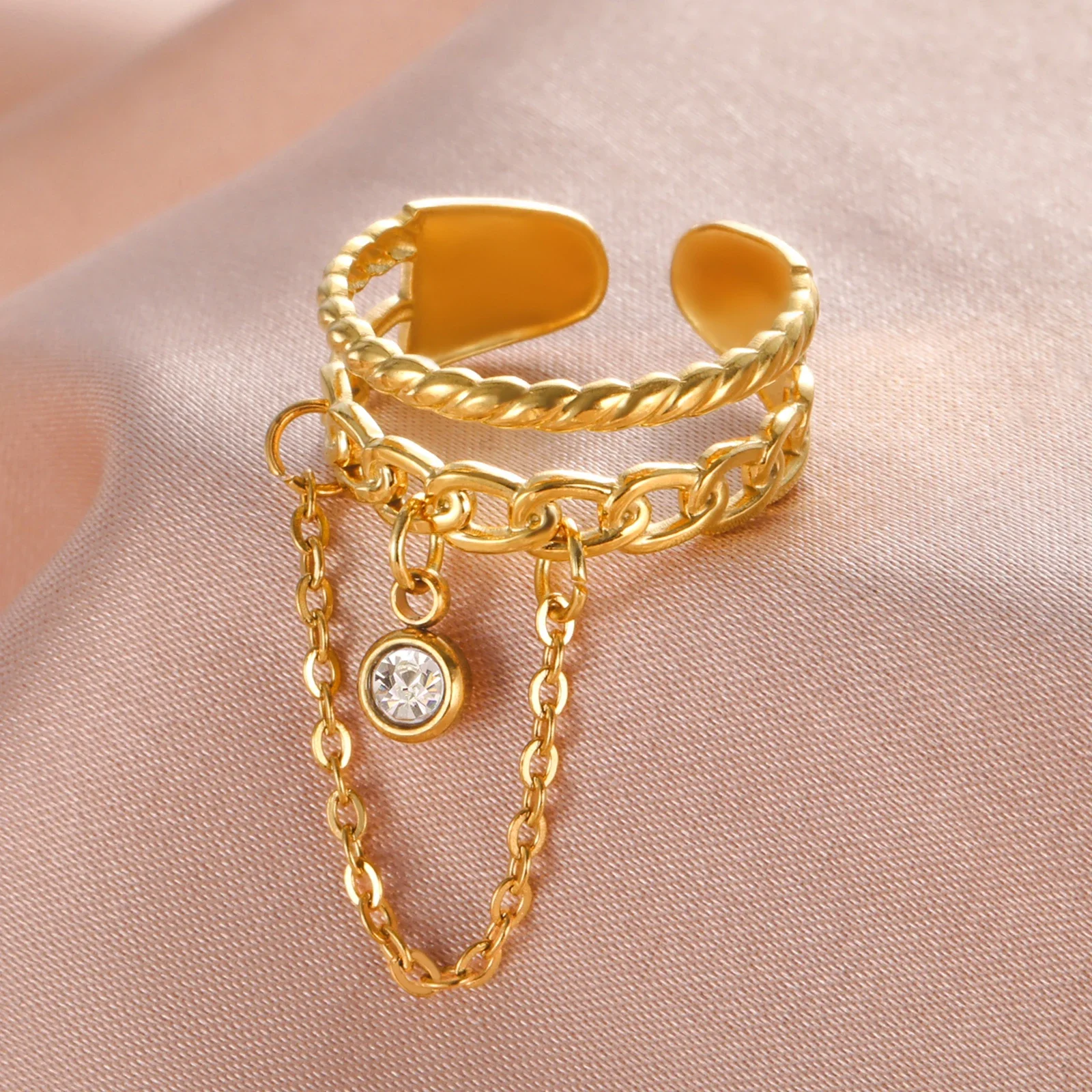 Double Layered Ring with Clear Zircon Heart Pendant Chain Stainless Steel Gold Color Open Adjustable Finger Ring Women Jewelry