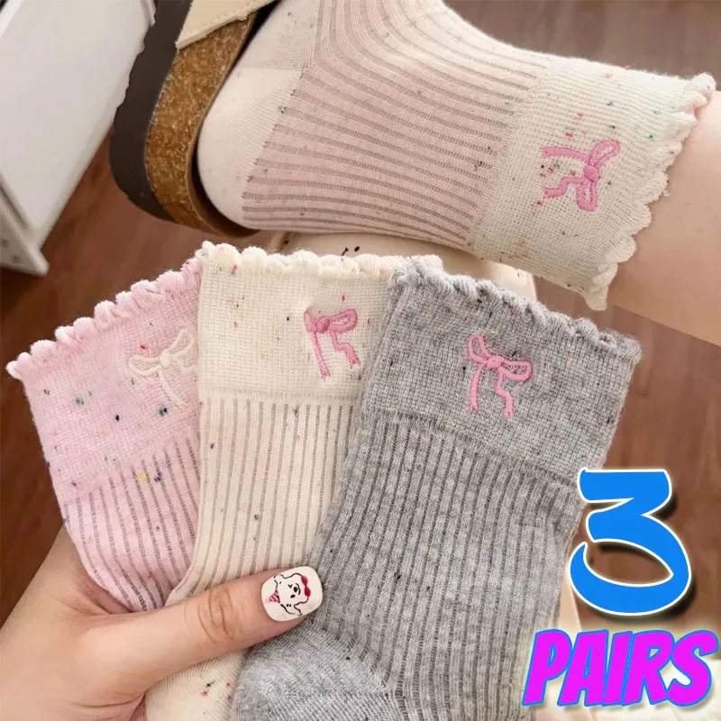 1/3Pairs JK Bow Middle Tube Socks Harajuku Ruffle Ankle Short Breathable Mid-calf Women Socks Spring Summer Soft Dot Stockings