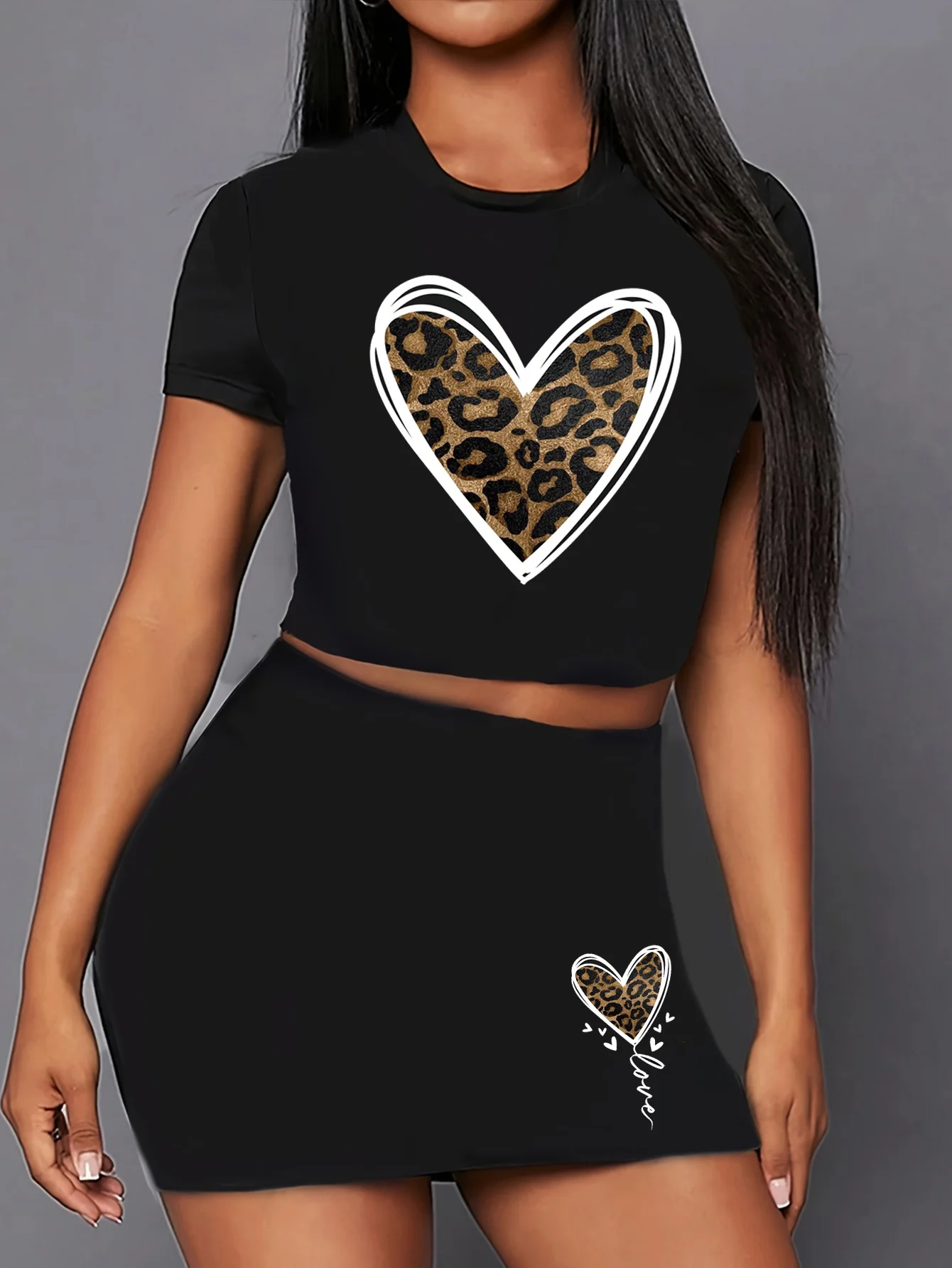 leopard love letter print two piece set, short sleeve round neck t-shirt & skirts, women's clothing