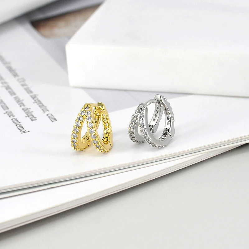 925 Sterling Silver Needle Classic Geometry Double Layer Circle Hoop Earring for Women CZ Crystal Huggie Earring Fashion Jewelry