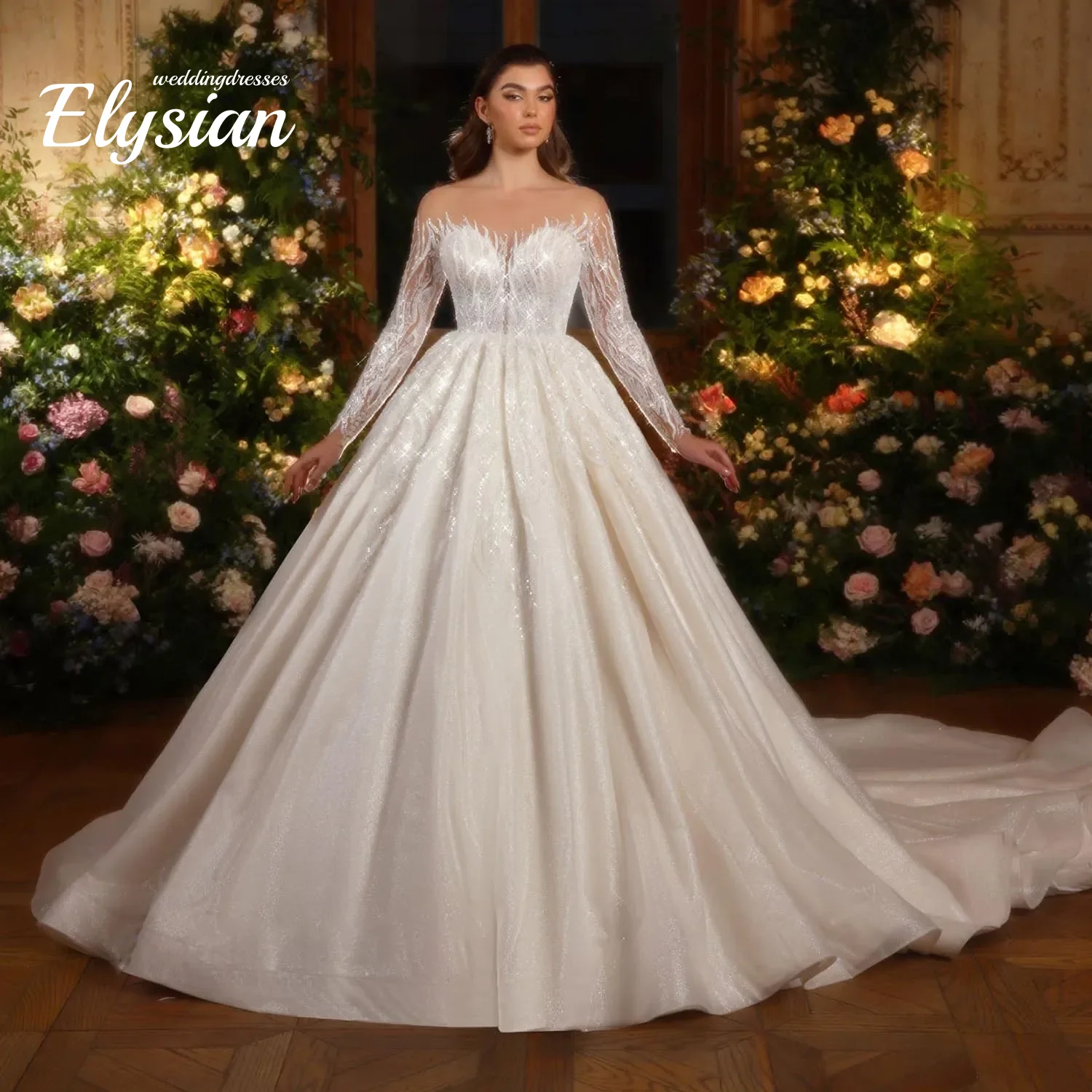 Customized Robe De Mariee Long Sleeve Ball Gown Wedding Dresses O-Neck Glitter  Illusion Back Vintage Vestido De Noiva