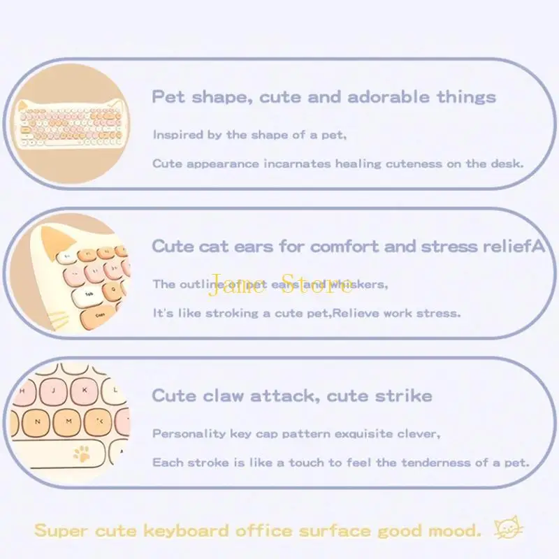 

LX0B for Cat Paw Retro Wireless Keyboard and Mouse Combo for Cat Ears Round Keycaps 2.4G USB 84 Keys for Computer Laptop