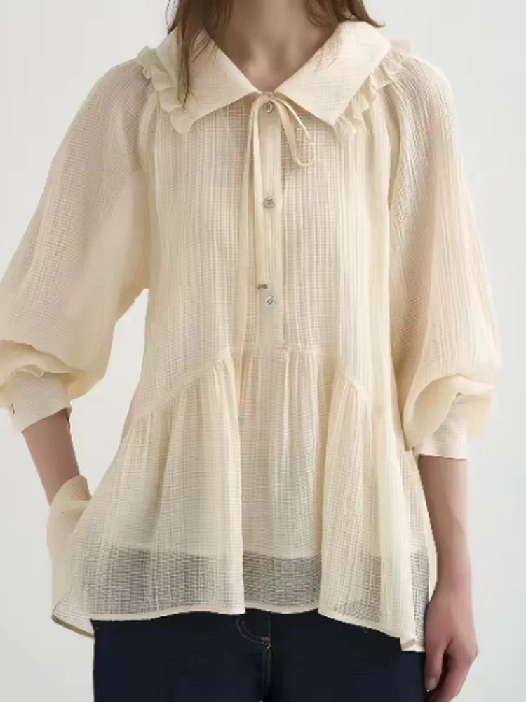 

Нежная хлопковая рубашка с длинным рукавом свободного кроя, удобная, приятная к телу, с поясом, для повседневной носки, для молодых женщин, лето 2026