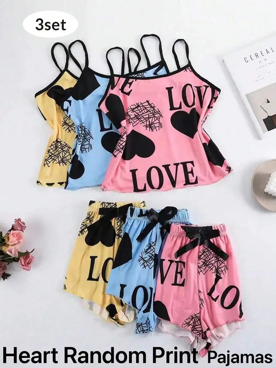 

3pcs Women Heart And Letter Print Pajama Set Camisole With Elastic Waist Shorts