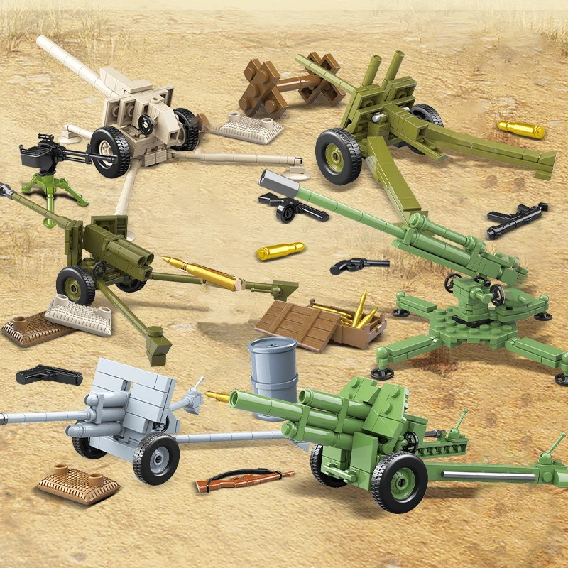Militärische Waffen-Bausteine Armee-Kampfhaubitze Panzerabwehrkanone Geschoss-Zubehör Modell mit Figuren Spielzeug Kindergeschenk