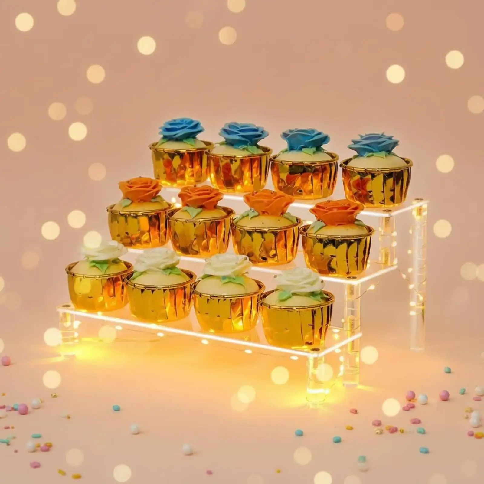 Lighted Display Stand Transparent Tiered Acrylic Shelf Built-in Light Acrylic Display Riser for Home Decor, Party Confectionery