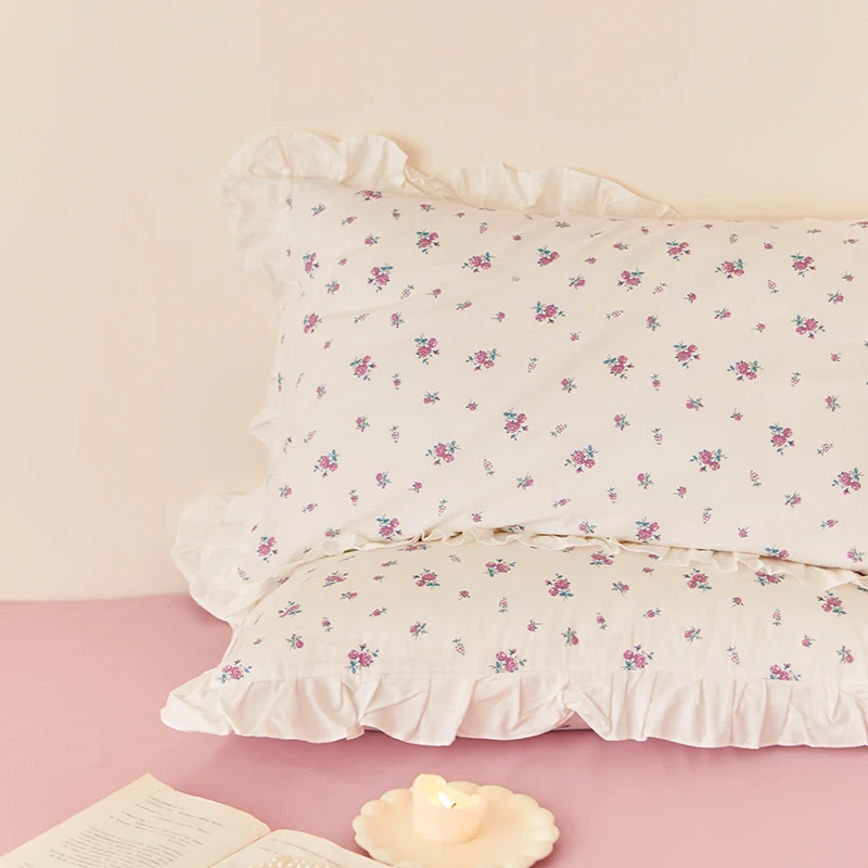 Korean Floral Pillowcases 2pcs Ruffled Cotton Pillow Cover Pair 48x74cm Retro Flower Elegant Pillowcase Bedding Home Decoration