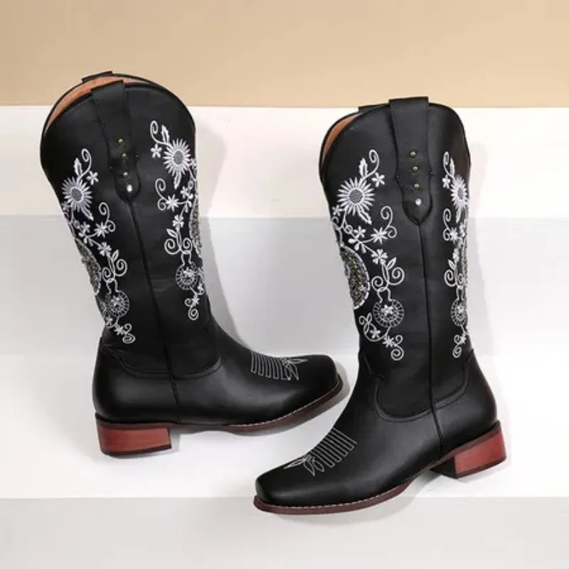 Flower Embroidery Ethnic Bohemian Style Square Chunky Med Heels Mid-calf Cowboy Shoes Women Winter Wide Calves Cowgirl Boots