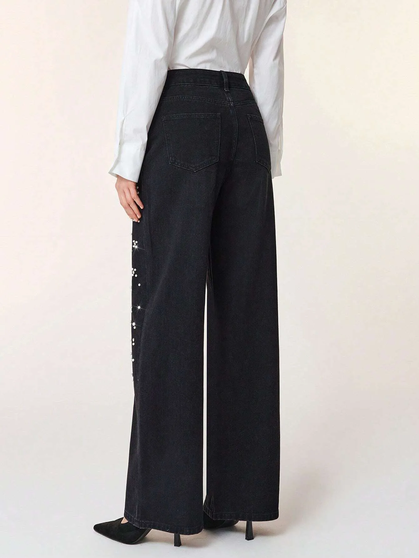 Loose Casual Denim Trousers For Women Autumn Fashion New Commuter High Waist Solid Color Beading Versatile Wide Leg Pants
