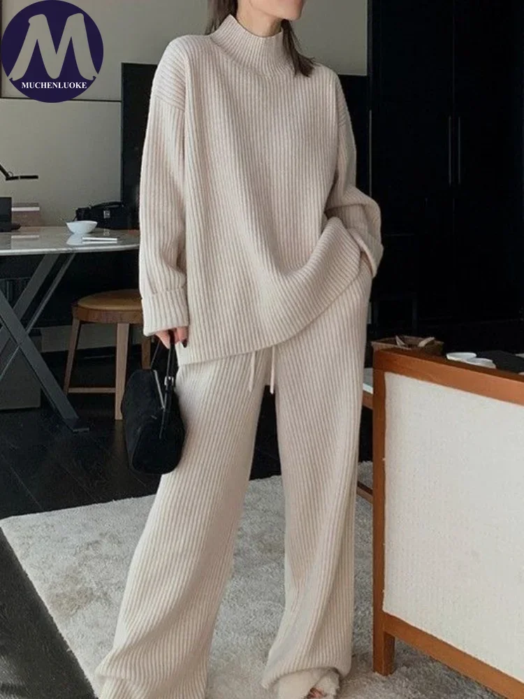 Elegant 2-piece Sets for Women Autumn Winter Korean Fashion Half High Neck Knitted Sweater Pullover Suits Casual Loose Pant Sets