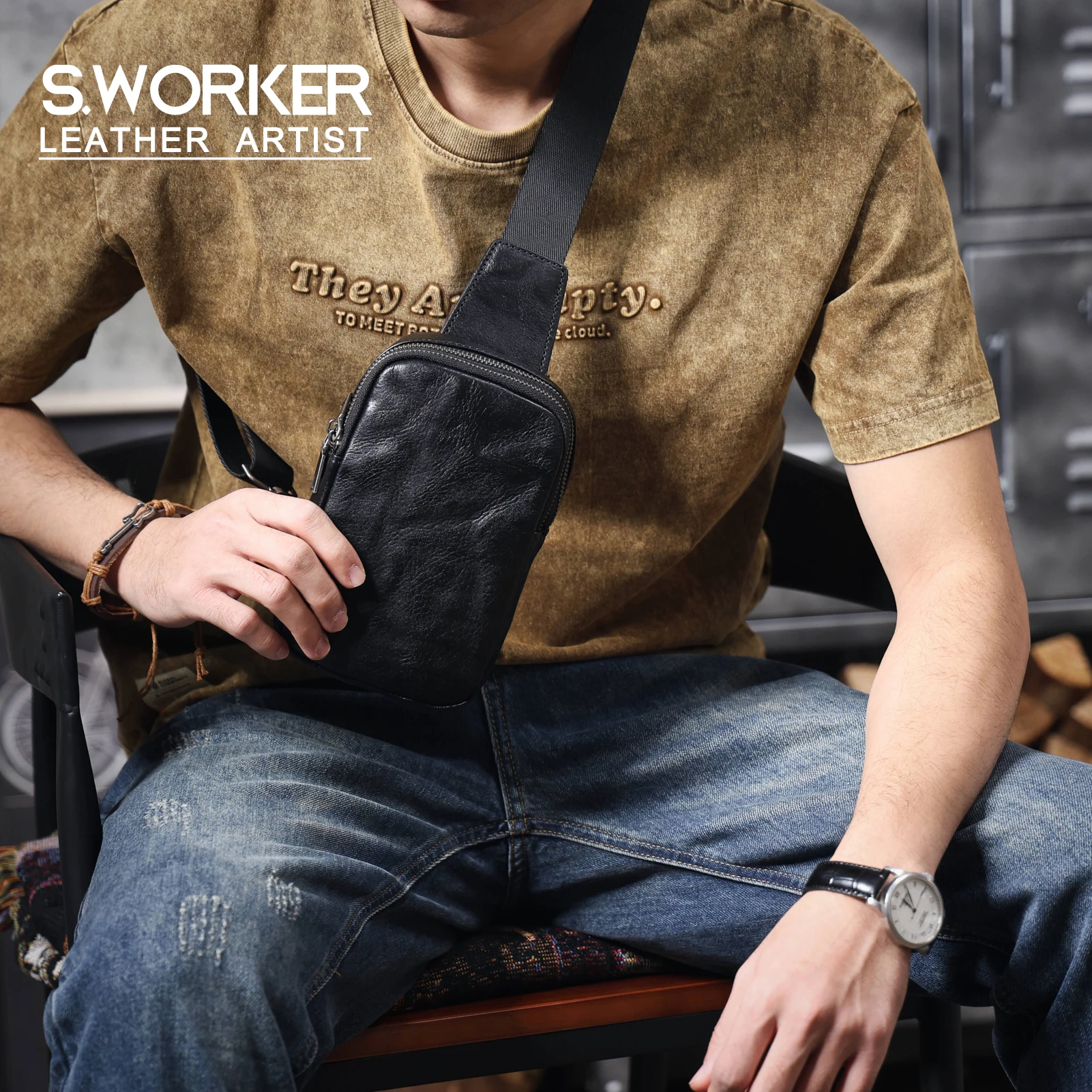 S.WORKER Premium Vollnarbenleder Brusttasche Mini Echtleder Herren Mode Umhängetasche für Männer – Detail 2