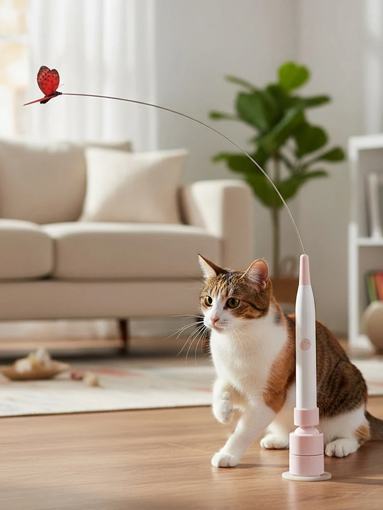 Mainan Kucing Flutter Bug dengan Suction Cup, Mainan Kucing Berputar Flutter, Tongkat Mainan Kucing Kupu-kupu Berputar untuk Kucing Dalam Ruangan