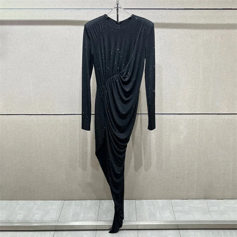 

Women's dress 2025 Winter new elastic long dresses Sparkling rhinestone party dresses Asymmetric pleated dress Evening dresses