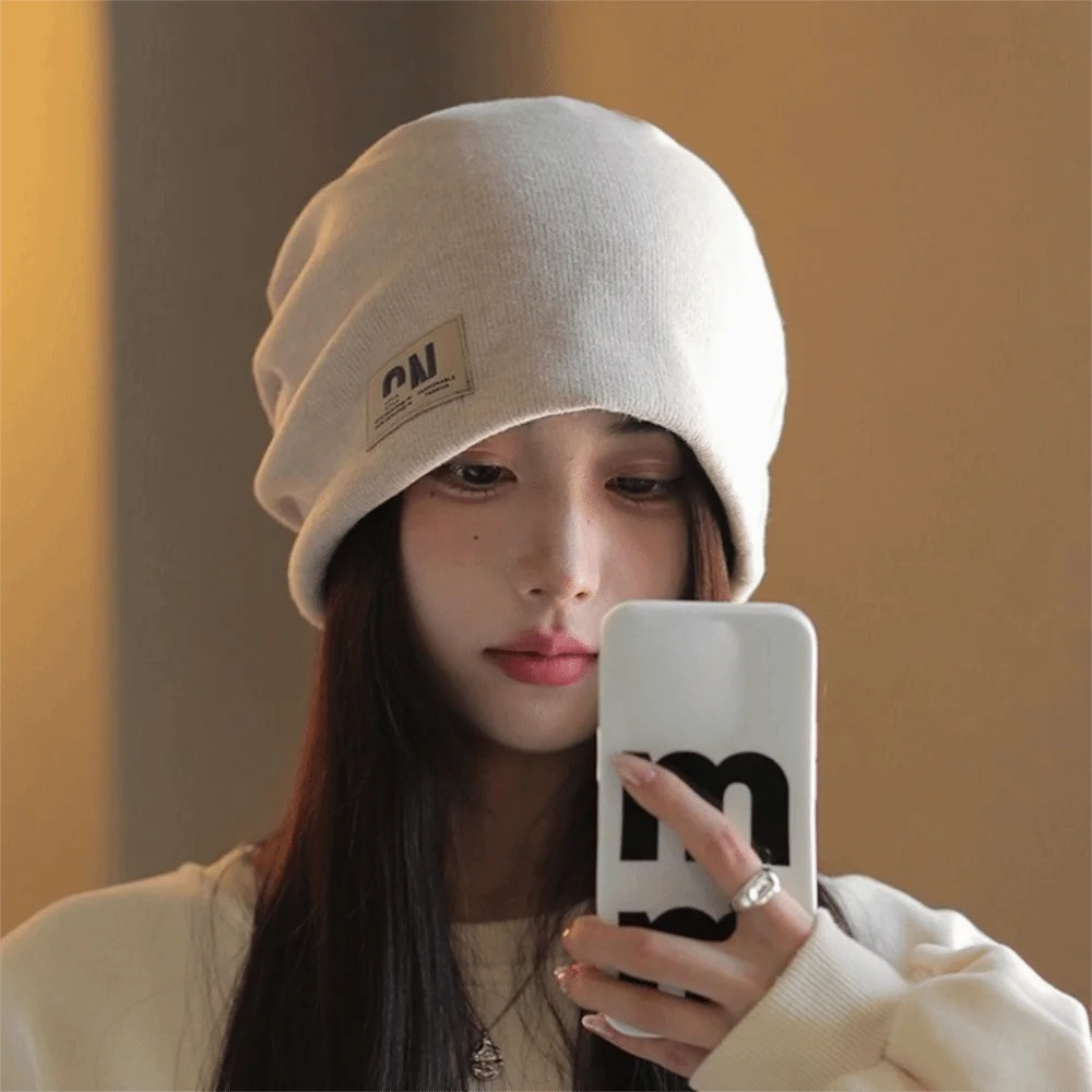 

Thickened Fleece Knit Beanies Coldproof Baggy Plush Beanies Hats Korean Style High Quality Letter Pullover Hats Female