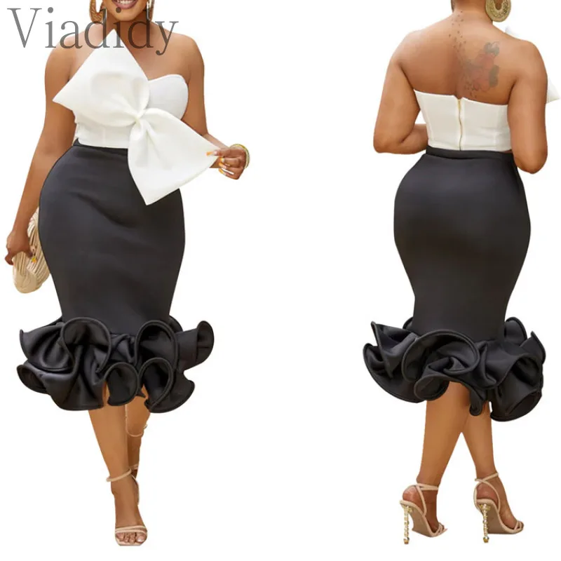 Two-Pieces Bow Strapless Top And High Waist Bodycon Skirt Set