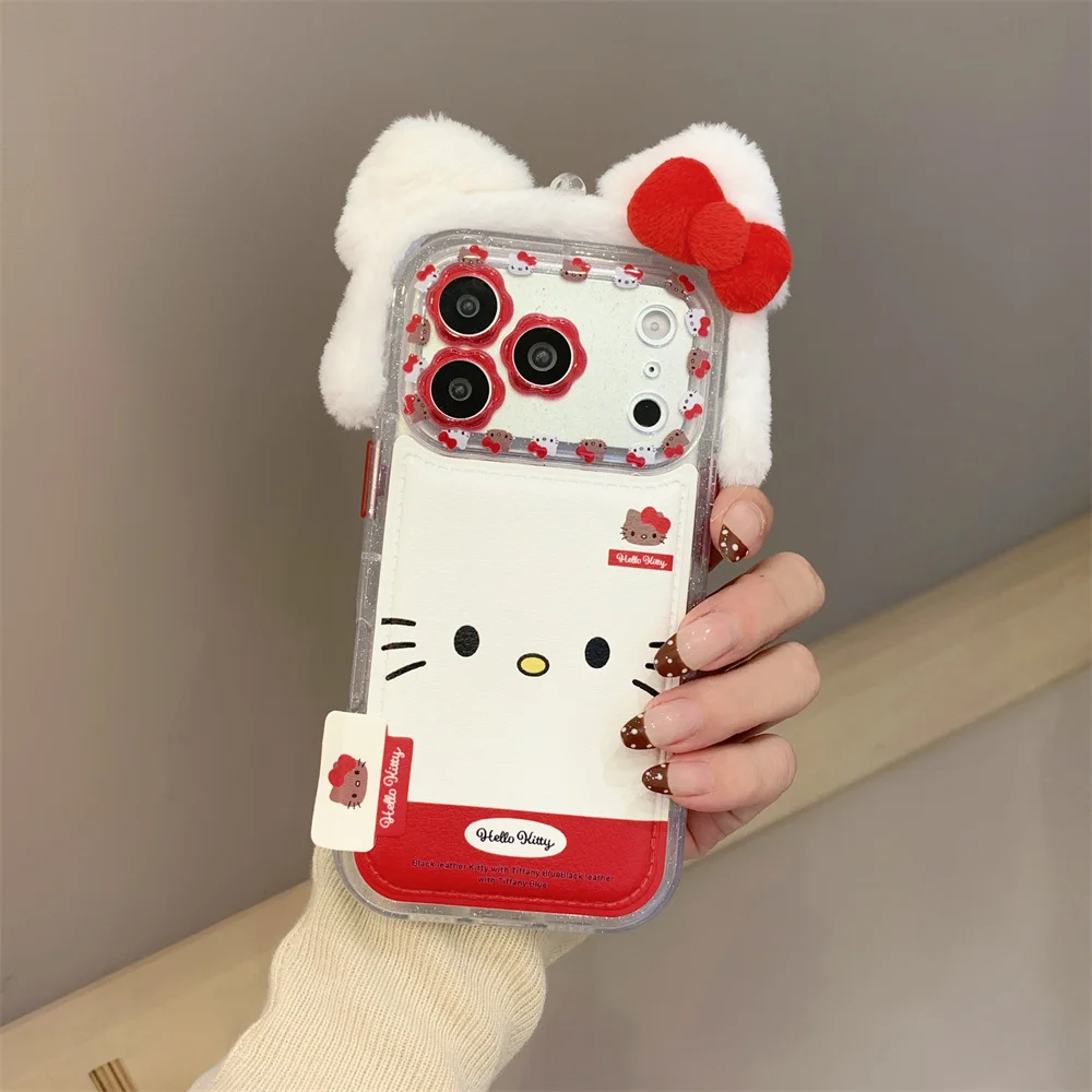 

Kawaii Plush Hellokitty Leather Phone Case for iPhone 17 Pro Max 16 Pro 13 14 15 Cover Cute Funda Cartoon 16Pro Protective Cases