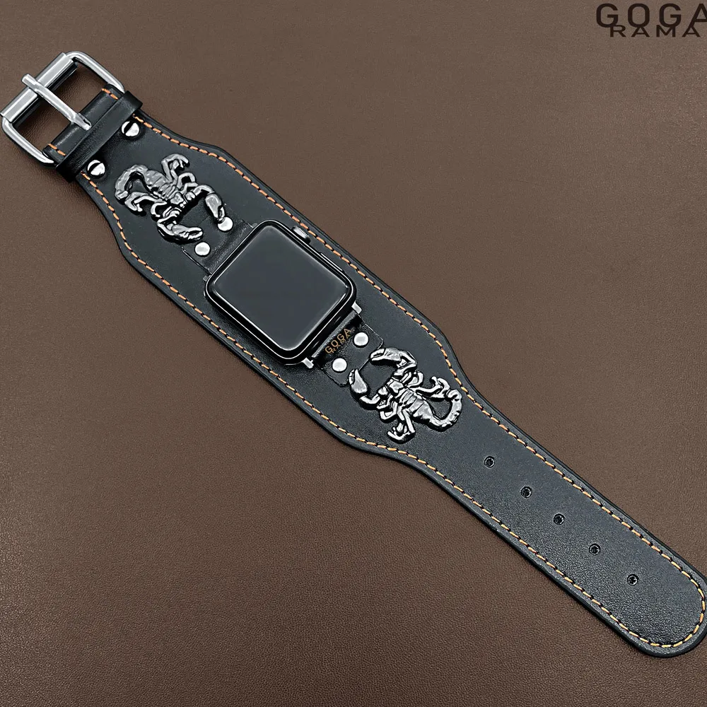 

Кожаный браслет-манжета со скорпионом, совместимые с ремешками Apple Watch Series 10, 42 мм, 46 мм, 49 мм, 44 мм, 42 мм, 41 мм, 40 мм, 38 мм, ремешок для часов в стиле панк