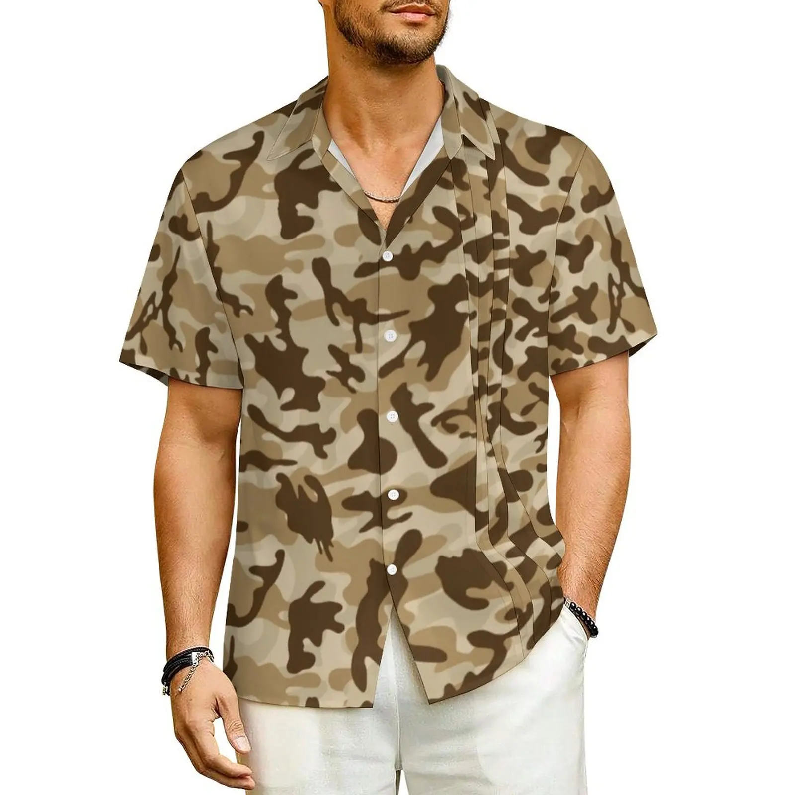 

Trendy Desert Tan Casual Shirt Camouflage Print Loose Hawaiian Shirts Men Short Sleeve Beach Y2K Funny Design Oversized Blouses