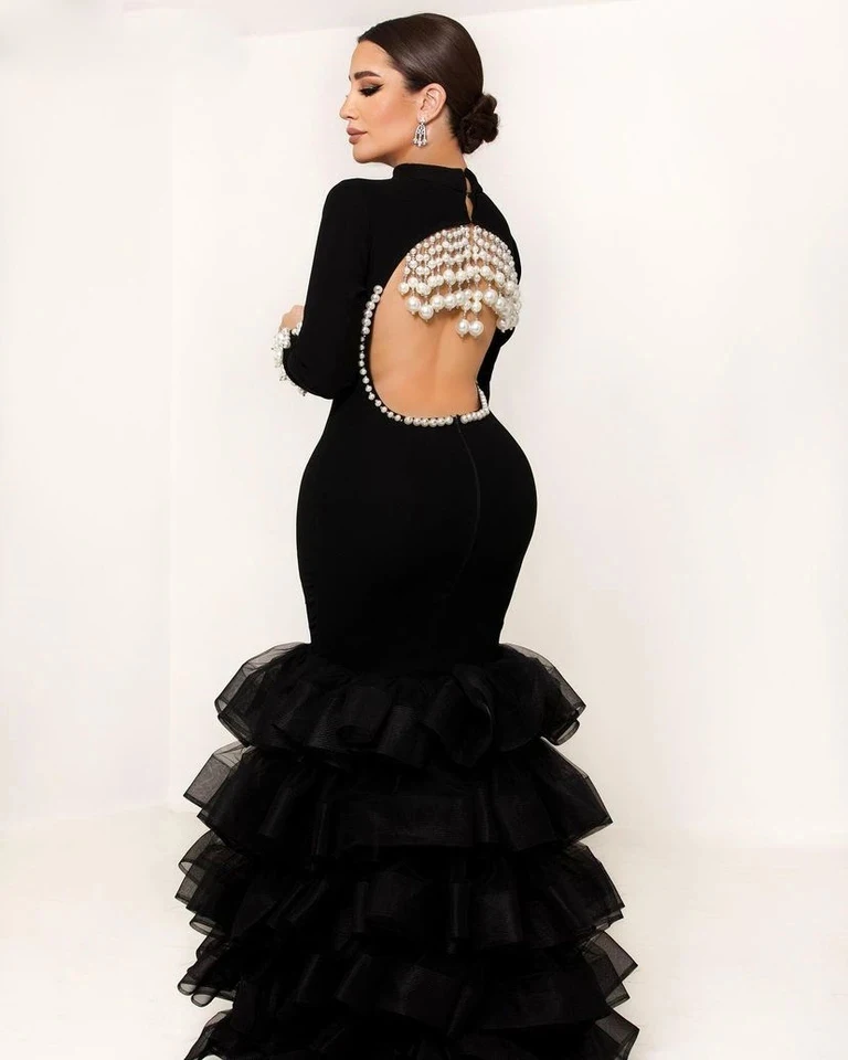 Black Mermaid Evening Dresses com pérolas, Custom Prom Gowns, Backless Tiered, Formal árabe, Modest