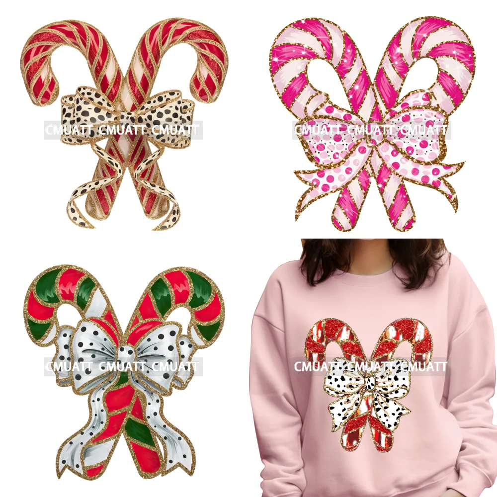 Faux Sequin Pink Coquette Bow Christmas Candy Cane DTF Heat Transfer Sticker Washable Durable Ready To Press Iron On For Clothes