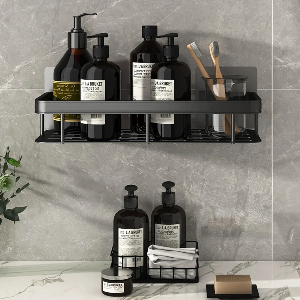 Wall Hanging Corner Rectangular Rack Bathroom Shelf Towel Rack Shelves Wall Shower Shampoo Rack No Drill Shelf Tripod Black