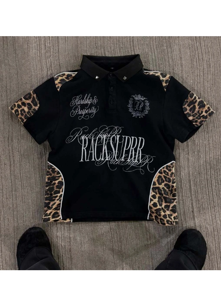 2026 European American INS style leopard print POLO collar Retro punk Hip hop High street trend pullover short sleeved T-shirts