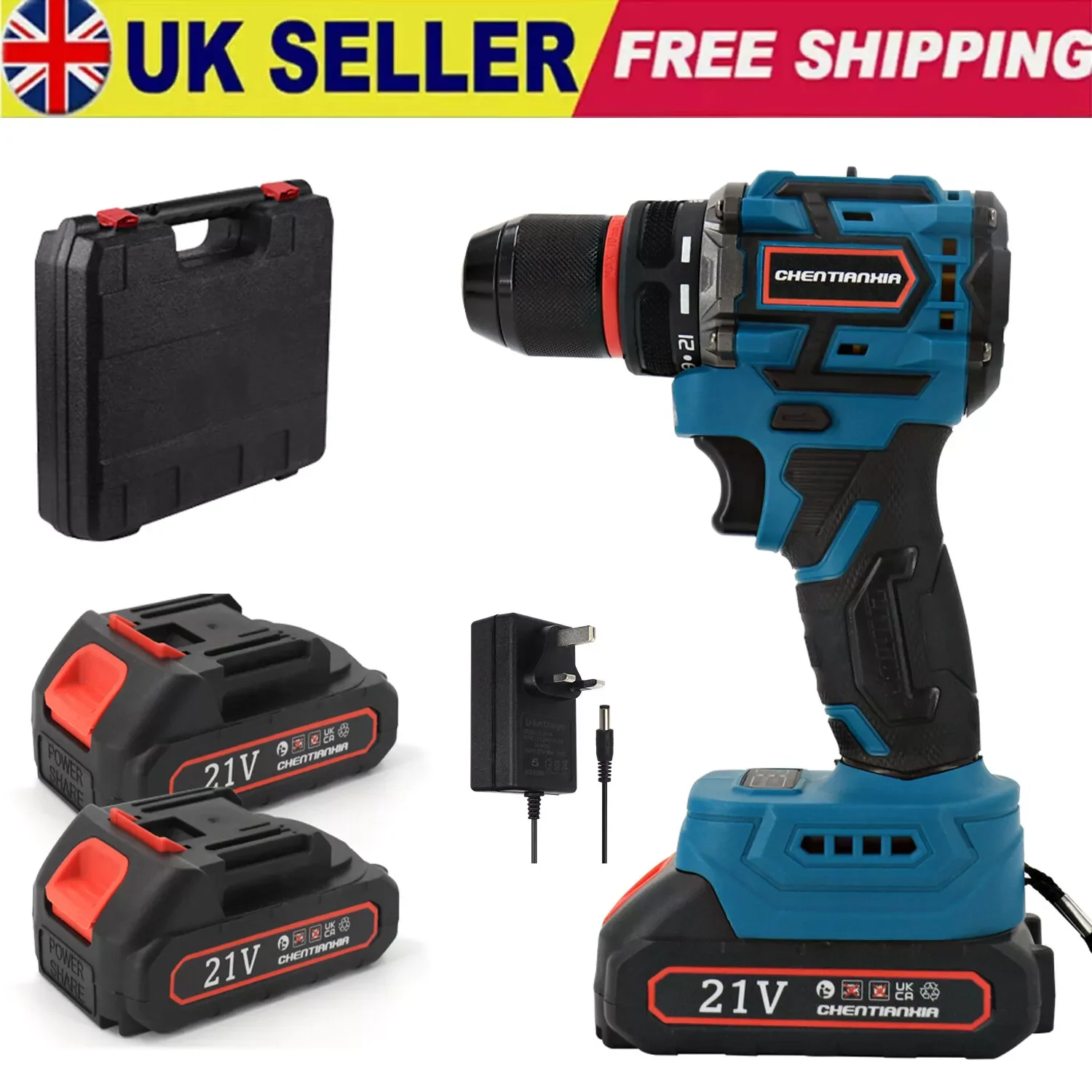 Heavy Duty 21V Brushless Cordless Drill Driver Impact Hammer Box 2 Batteries