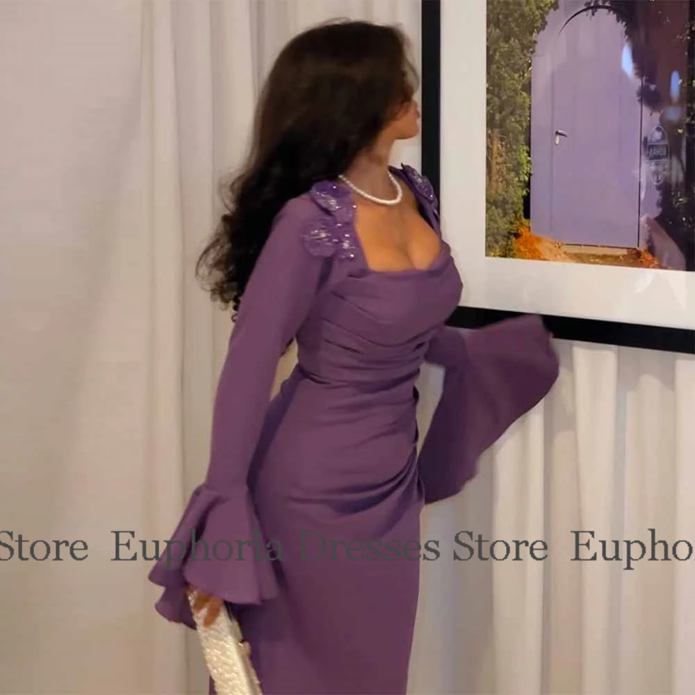 Elegante feestjurken dames crêpe stof schede/kolom beroemdheidsjurk paars vierkante hals applique kralen damesavondjurken