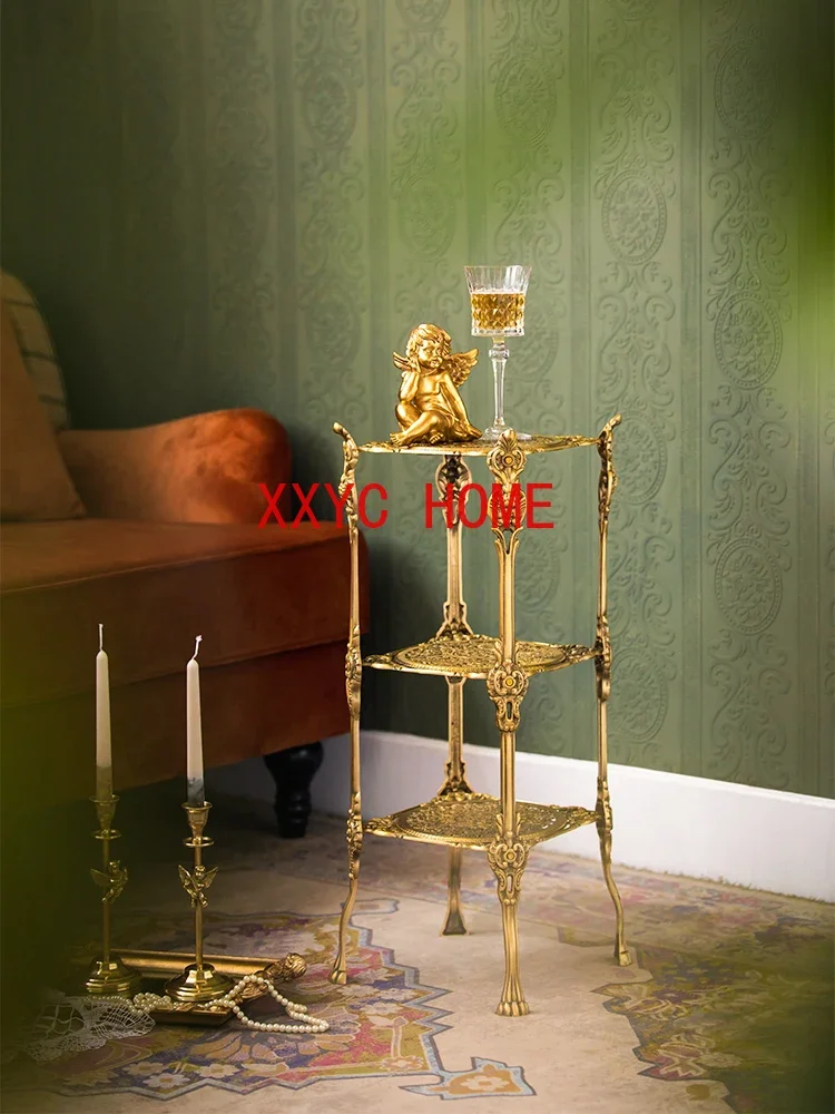 

Nordic Home Living Room Brass Floor Storage Rack Multi-Layer Hollow Light Luxury Side Table