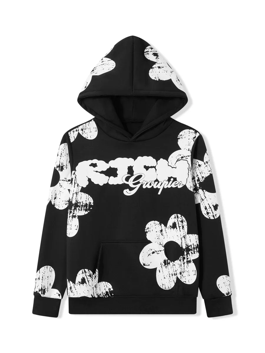 Moletom com capuz estampado floral feminino e masculino, estético vintage, pulôver com capuz, grunge emo, gótico, moletom Harajuku, streetwear, Y2K