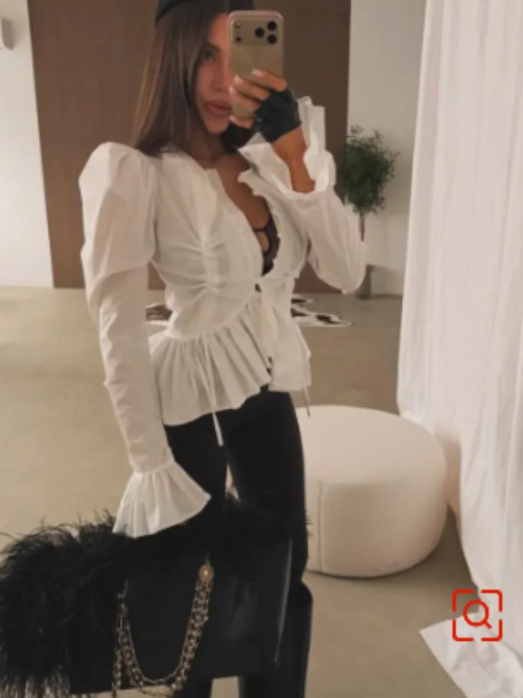 

Women's Fashion Ruffle Hem Shirt Flare Sleeve Single Breasted Solid Female Shirts 2026 Spring Summer Elegant New Chic Lady Tops