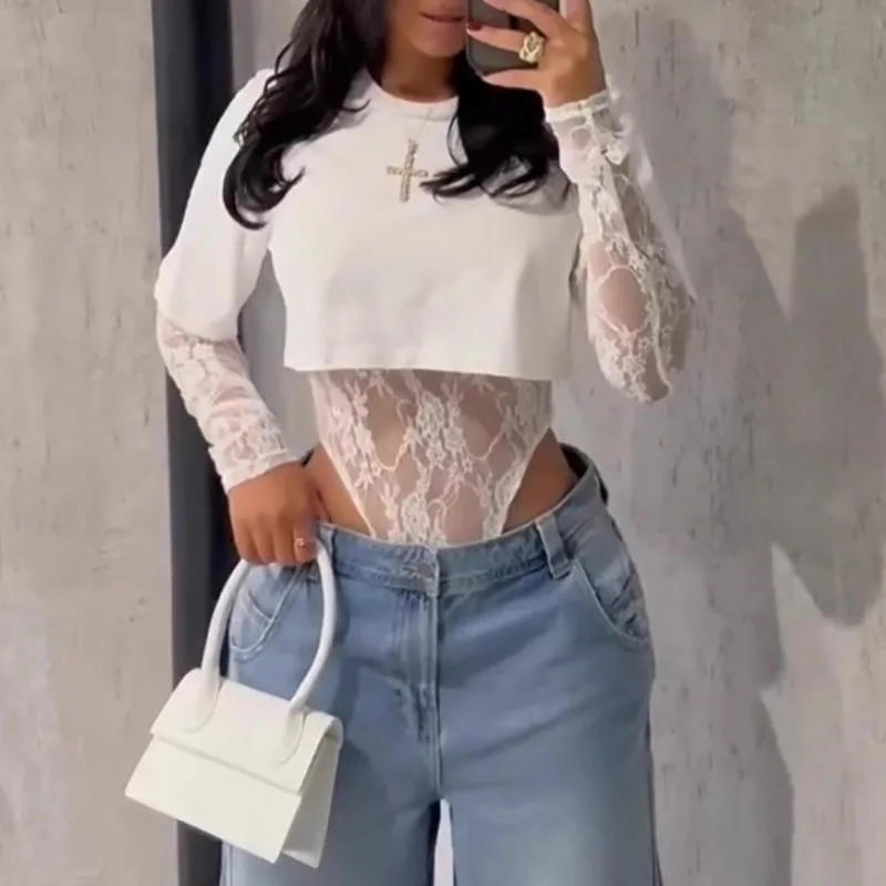 

Casual Women O-neck Long Sleeved Autumn Jumpsuit Lace Patchwork T-shirt Slim Fit Playsuit 2025 Lady Sexy Perspective Club Romper
