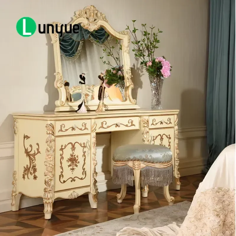 Italian Classic Dresser with Mirror and Stool Set Antique Style Bedroom Vanity Table Storage Cabinet Furniture for Home Decor
