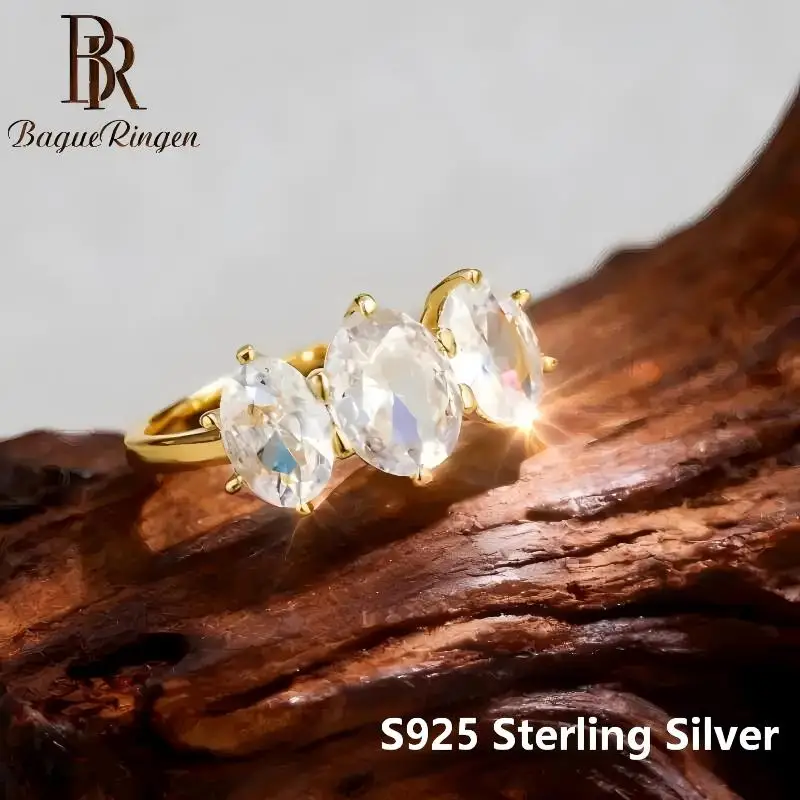 Three Stone Moissanite Ring S925 Sterling Silver Couple Wedding Engagement Band Matching Jewelry Gift for Him Her