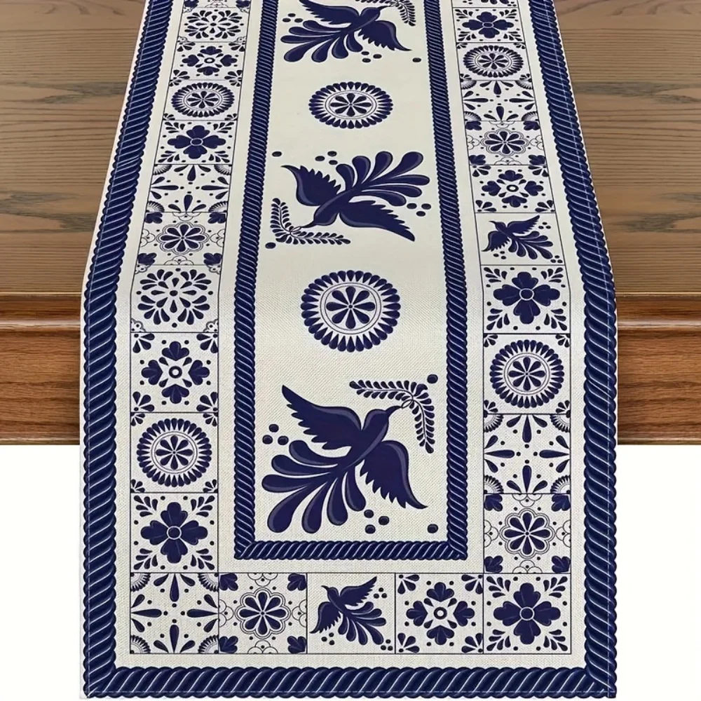 1 Stück, Muertos mexikanischer Tischläufer, wärmeisolierende Tischunterlagen, blaue Patchwork-Fliesen, Küche, Esstisch, Dekoration für Zuhause