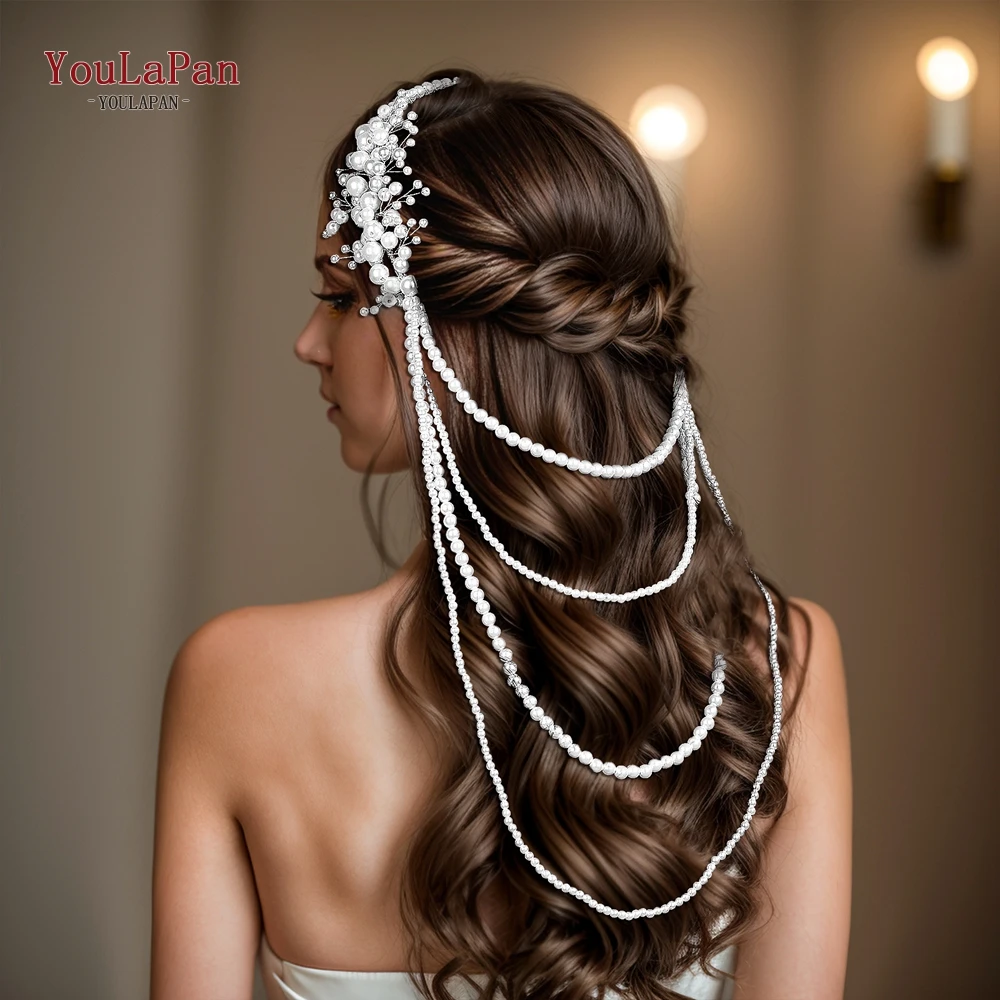 TOPQUEEN Handmade Bridal Pearls Tassels Headwear Wedding White Pearl Hair Bride Hair Accessories For Weddings Events HP647