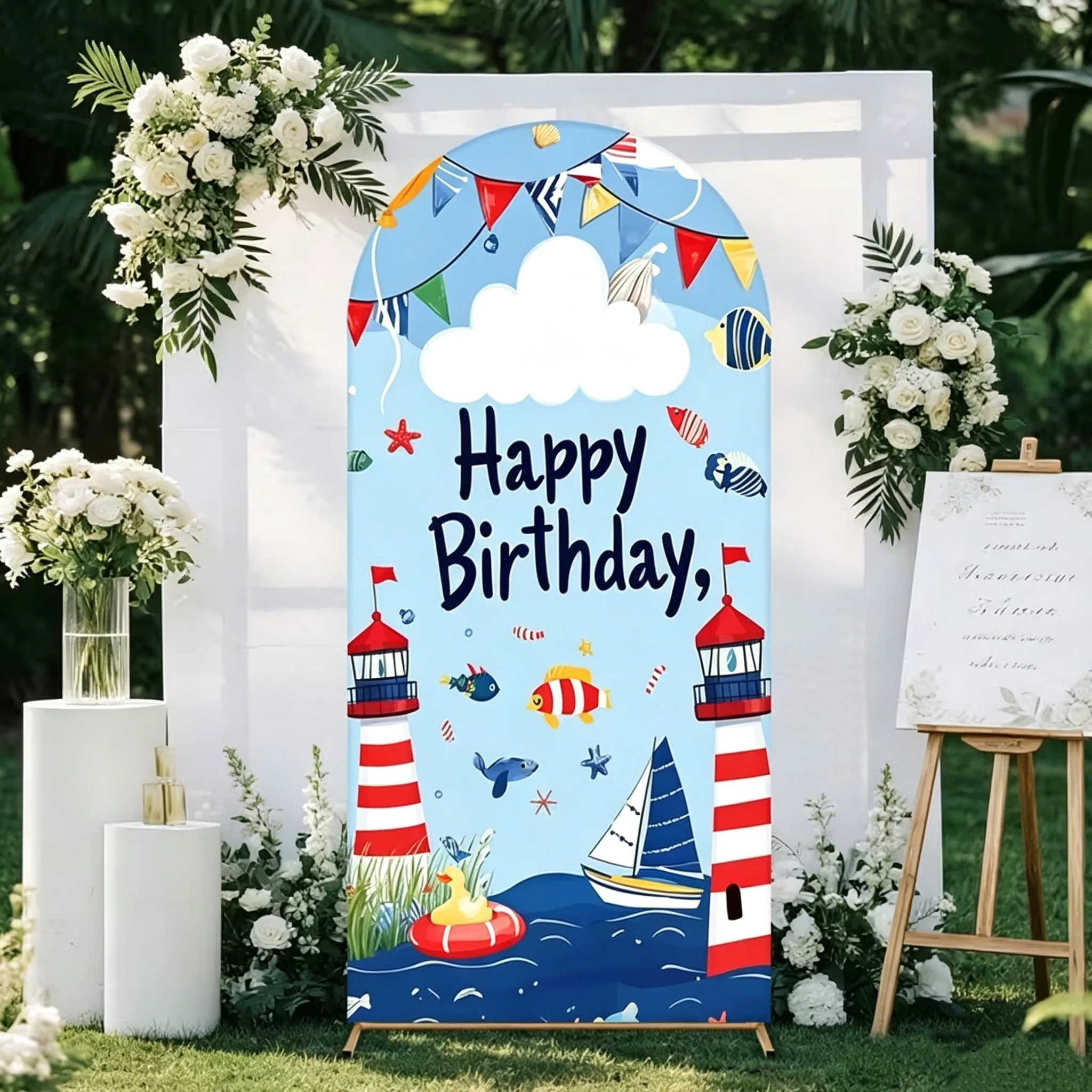 Happy Birthday Arch Backdrop Cover Sea Lighthouse Fish Pattern Children Party Background Custom Name Birthday Festival Props