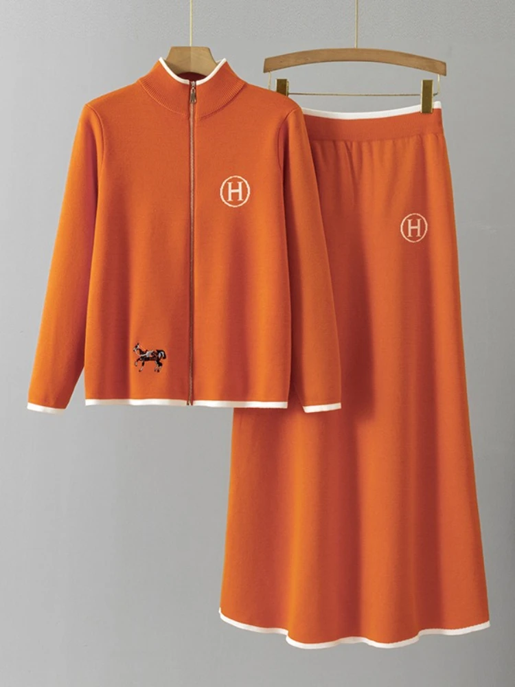 

New Product Zipper cardigan Long Sleeve Knitted Jacket Embroidered Contrast Color + Casual Knitted Short Skirt Two-Piece