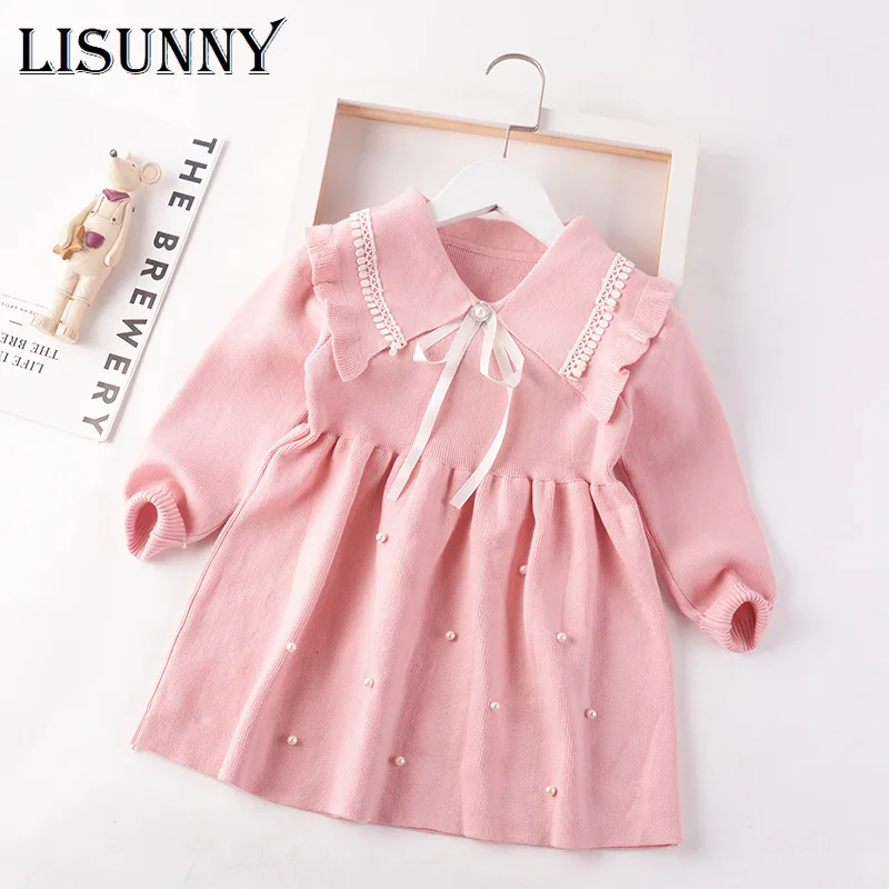 2023 Autumn Winter Girls Sweater Dress Lapel Kids Baby Sweater Children Clothing Nail Bead Pullover Knitted Dressrs Jumper 3-8y