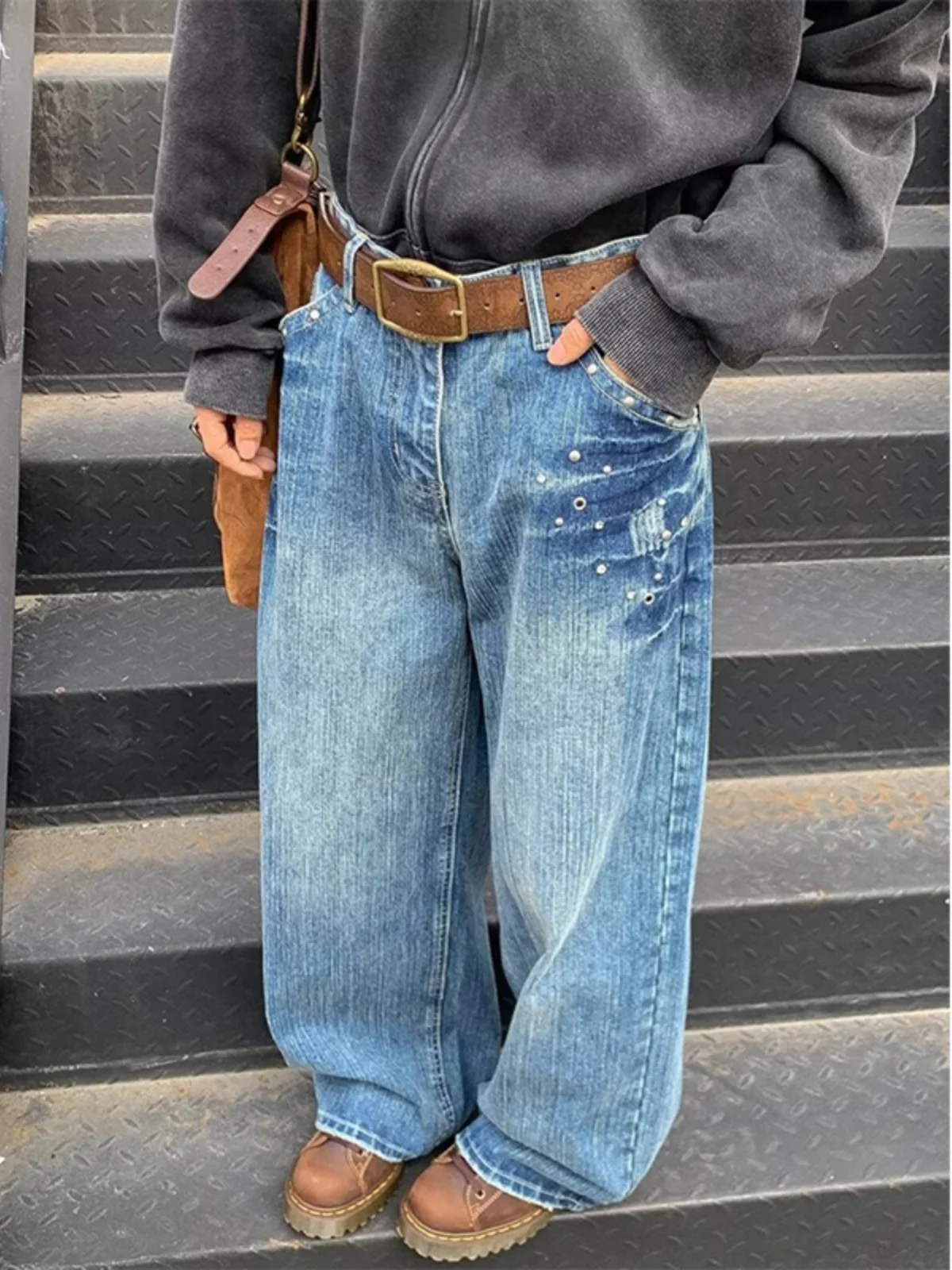 

American Street Wide Leg Men's Jeans Autumn Winter Straight Loose Knife Casual Floor Length Trousers