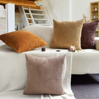 Solid Color Big Corn Striped Corduroy Decorative Pillowcase Cushion Cover Soft Throw…