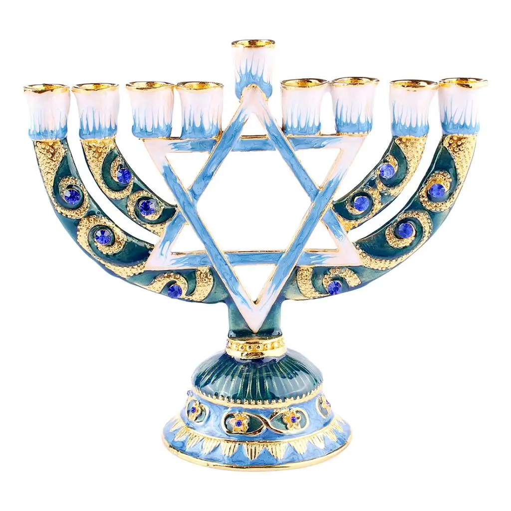 Hand Painted Menorah Candle Holder Enamel Candelabra Decor for Home Centerpiece and Feast of Dedication