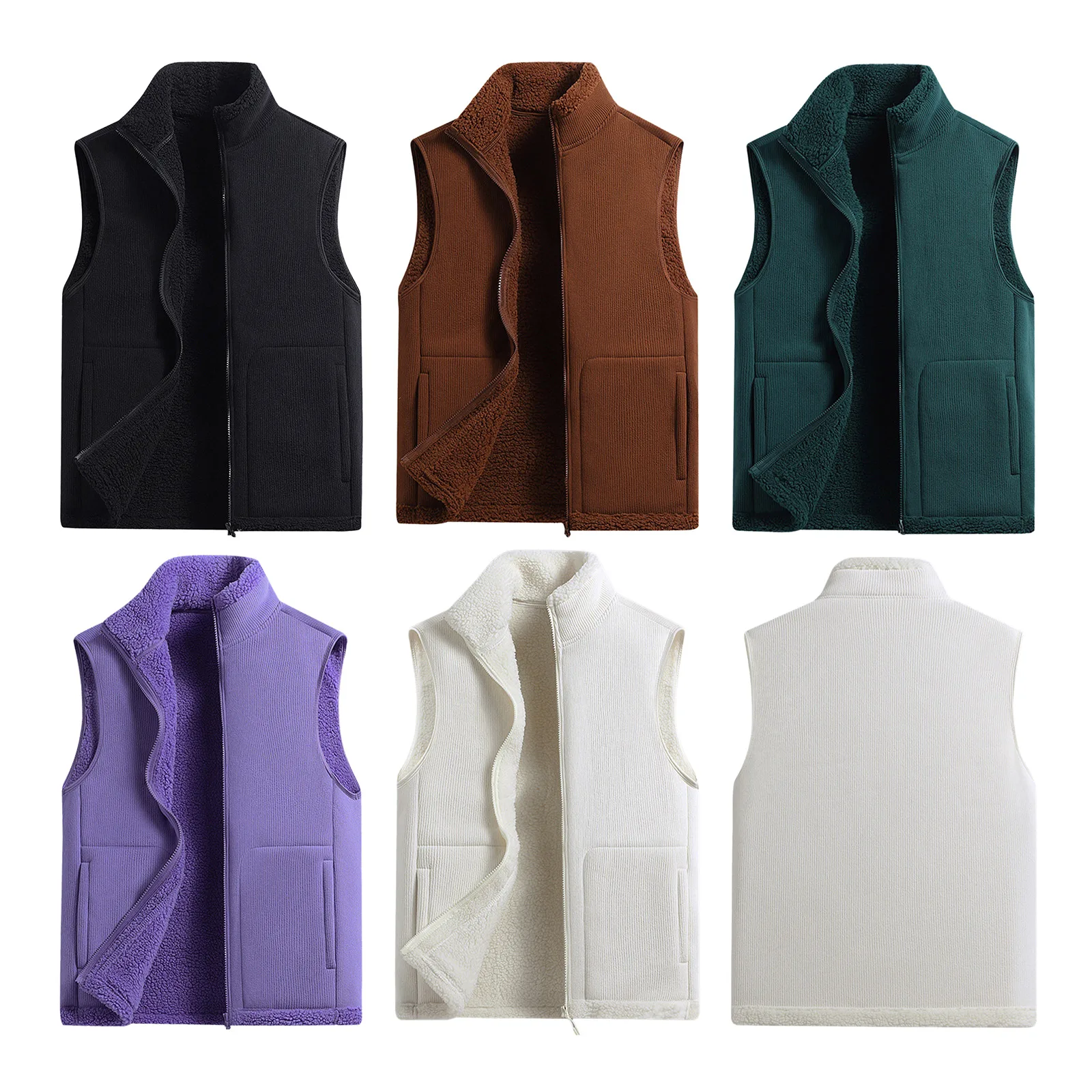 #S-4XL Men Women Warm Fleece-Lined Golf Vest Stand Collar Sleeveless Zipper Jacket Outwear with Pockets