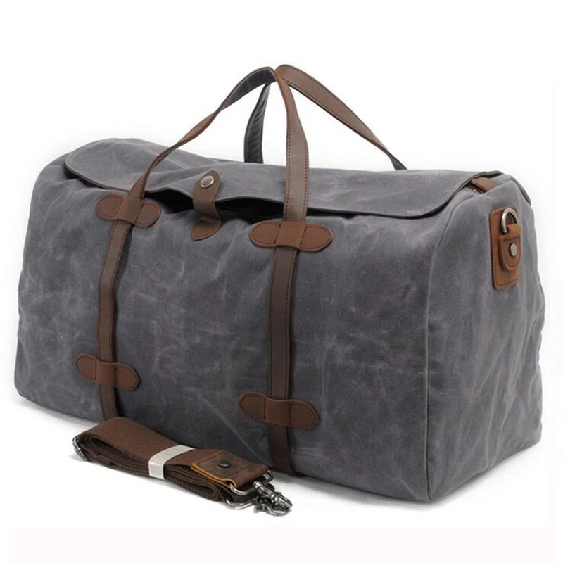 

Vintage Leather + Waxed Canvas Luggage bag Men Travel Bags Carry on Large Duffel Bags shoulder Weekend bag Overnight Big tote