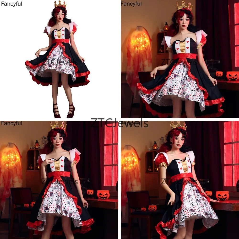 

Sexy Red Queen Cosplay Costume Alice in Wonderland Dress Women Halloween Poker Printed Peach Heart Character Party Dress